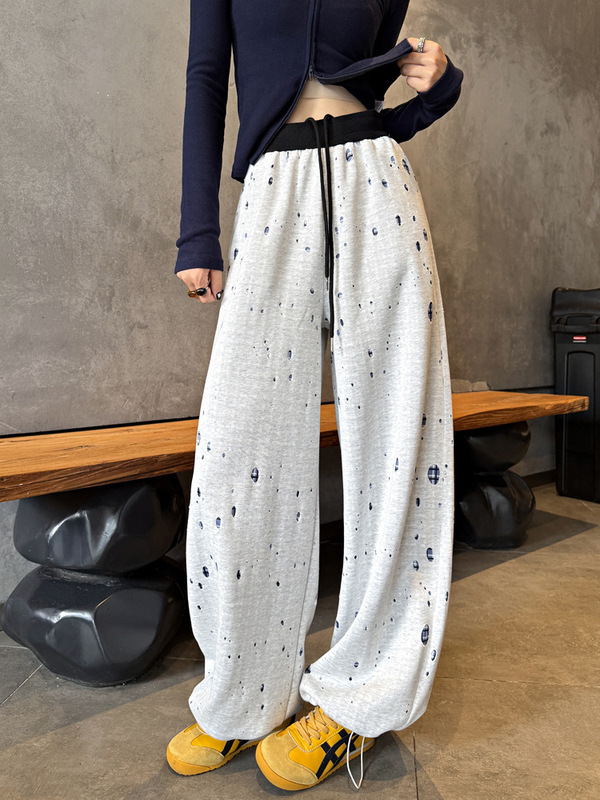 2025秋冬新款美式运动裤女重工破洞提花卫裤设计感慵懒百搭神裤子|undefined