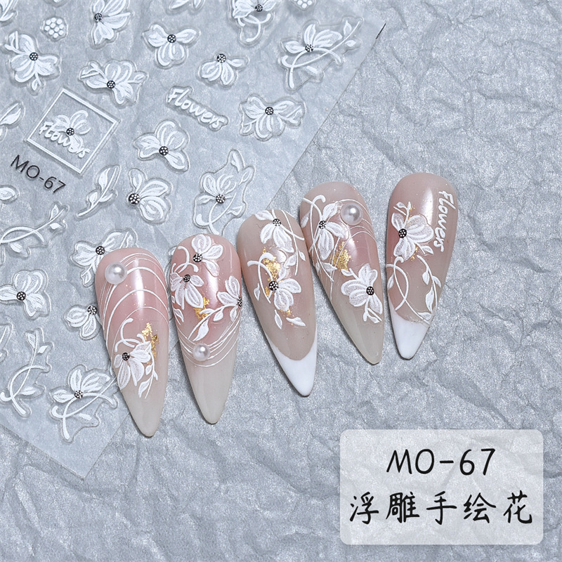 Nuevo estilo japonés alivio semi-transparente flor uñas pegatinas 3D tridimensional alivio pintado a mano flor uñas pegatinas adornos con adhesivo
