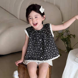 麦田季2025夏季新款韩版女童碎花衬衫儿童洋气无袖上衣宝宝T恤