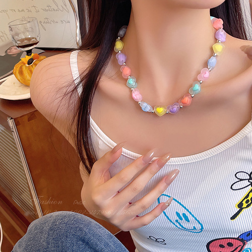 Dopamine necklace colorful heart resin lockets, niche girlfriend summer small-town sweet and cute accessories