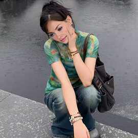 跨境外贸一件代薄款皱折美式印花网纱短袖t恤女上衣工厂直销