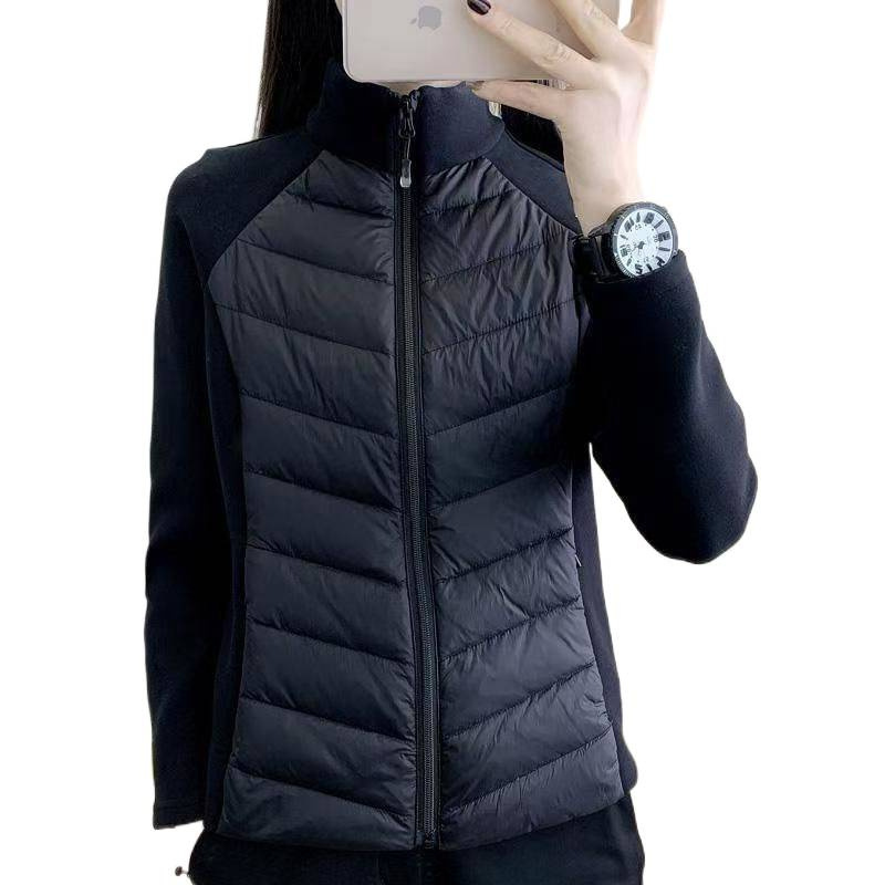 2025 ropa deportiva de algodón de empalme de invierno de collar nuevo estilo a prueba de viento, delgado y caliente, abrigo al aire libre ligero, costillas de mujer