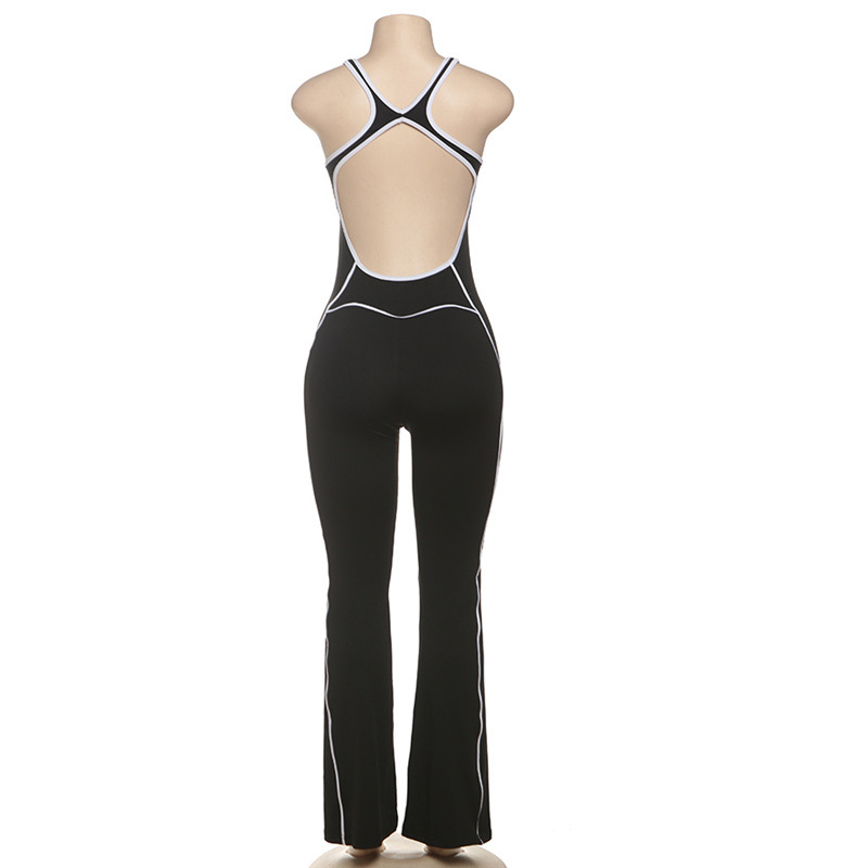 Women's Backless Slim-Fit Yoga Jumpsuit - High Waist Tummy Control Workout Bodysuit With Contrast Color Design For Summer_voghion.com