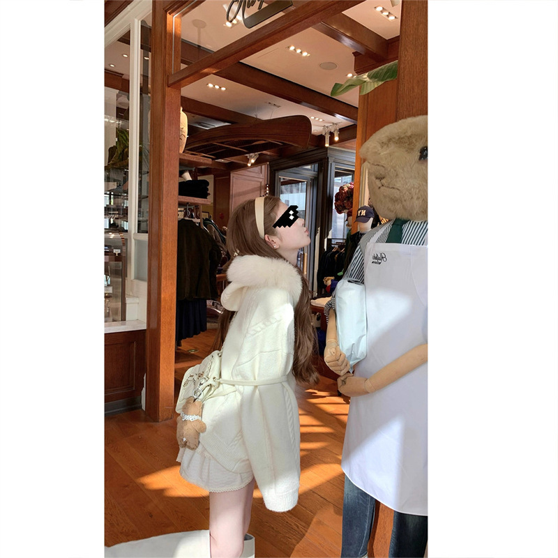 Chu Umbrella 25/Fw Ancient Kyoto Trail Is Warm! Fox Fur Collar Twist Sweater Cardigan Jacket