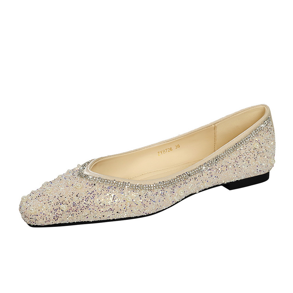 8726 Xiaoxiangfeng Korean Edition Versatile Square Head Flat Heel Shallow Mouth Women's Single Shoes with Water Diamond Pearl Face One Step Stepping Women's Flat Shoes
