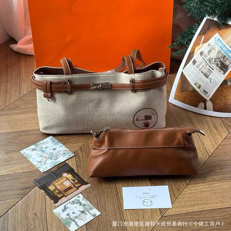 Vipgift Canvas Patchwork Leather Kelly Underarm Tote Bag for Women Retro Carriage Logo Large Capacity Commuter Shoulder Bag