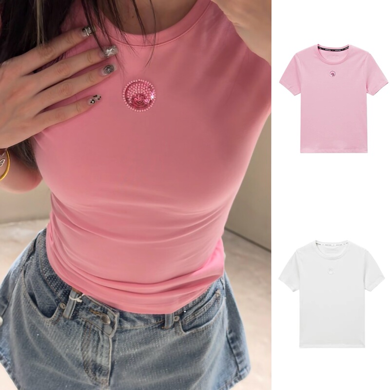 Correct Version 26Ss/Marine Moon Hand-Embroidered Logo Slim-Fit Short-Sleeve T-Shirt in Two Colors