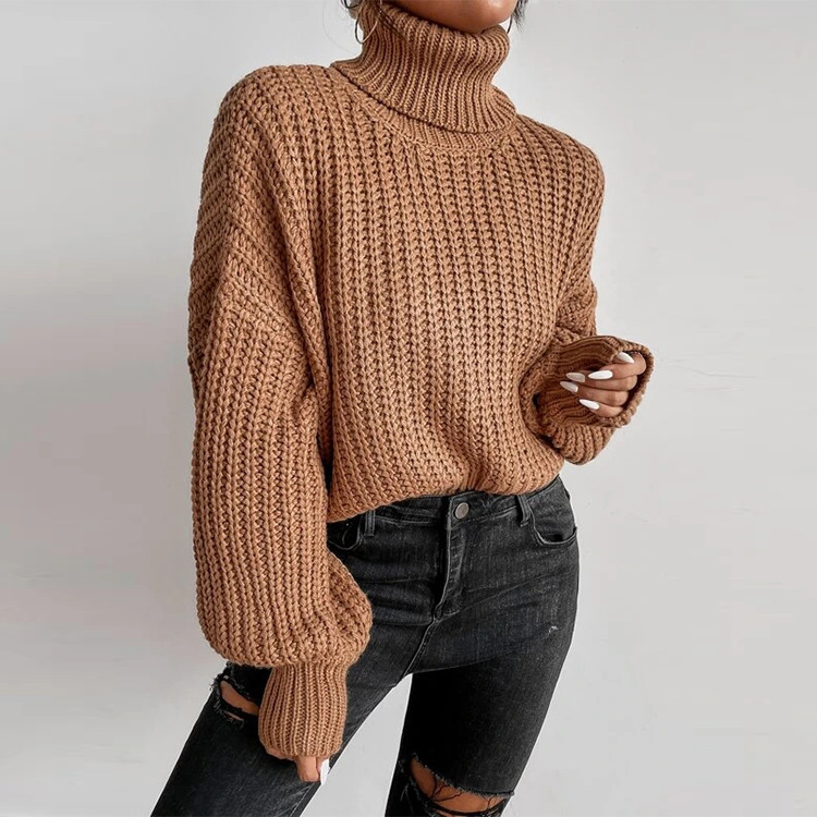 Nuevo Otoño e Invierno transfronterizo Amazon transfronterizo Comercio exterior moda fuera del hombro manga larga de punto jersey suelto suéter de cuello alto para mujeres