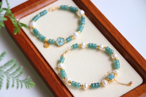 Natural A-Jadeite Blue Water Disk Bead Bracelet, Silver-Gold Plated Jadeite Butterfly and Small Flower Pearl Bracelet