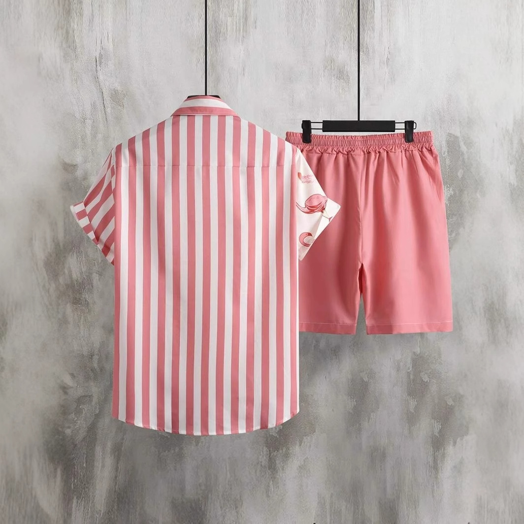 Grulla de corona roja contraste color rayas impresión digital 3D Xiyin venta caliente camisa de verano pantalones cortos conjunto vacaciones en la playa