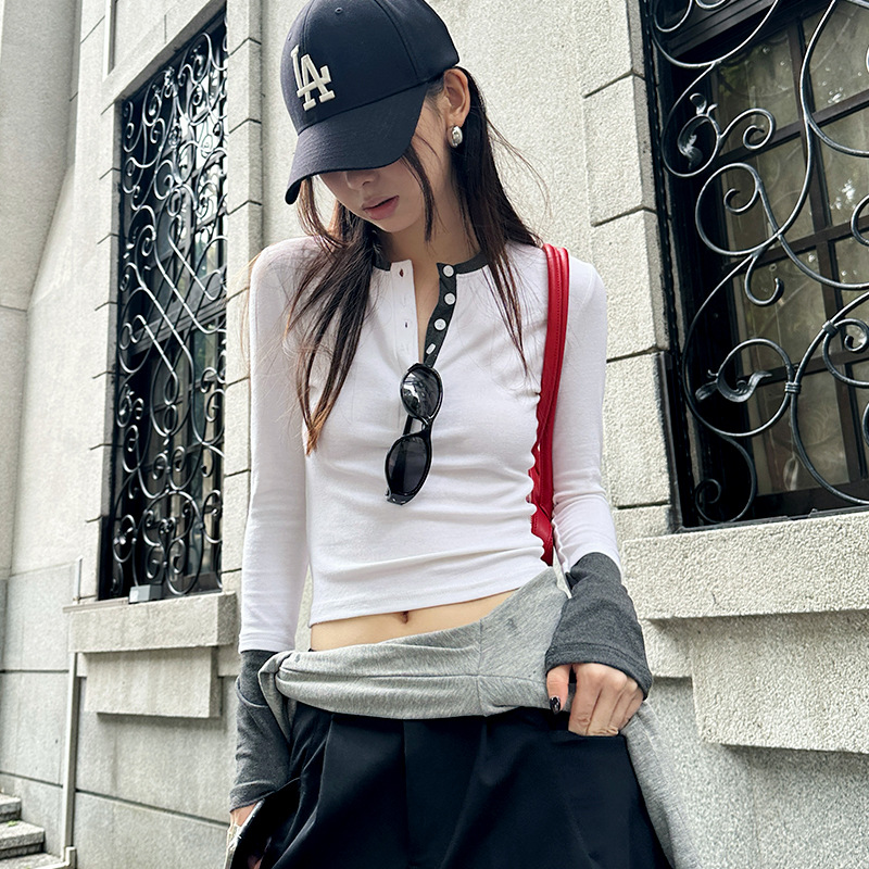 MMFISH时髦松弛感撞色拼接针织T恤长袖内搭假两件打底衫24T389