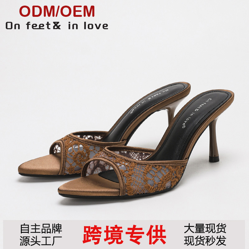 Cross-Border Elegant Versatile High-Heeled Sandals Summer Fashion Embroidered Floral Mesh Stiletto Open-Toe Sandals Custom Logo