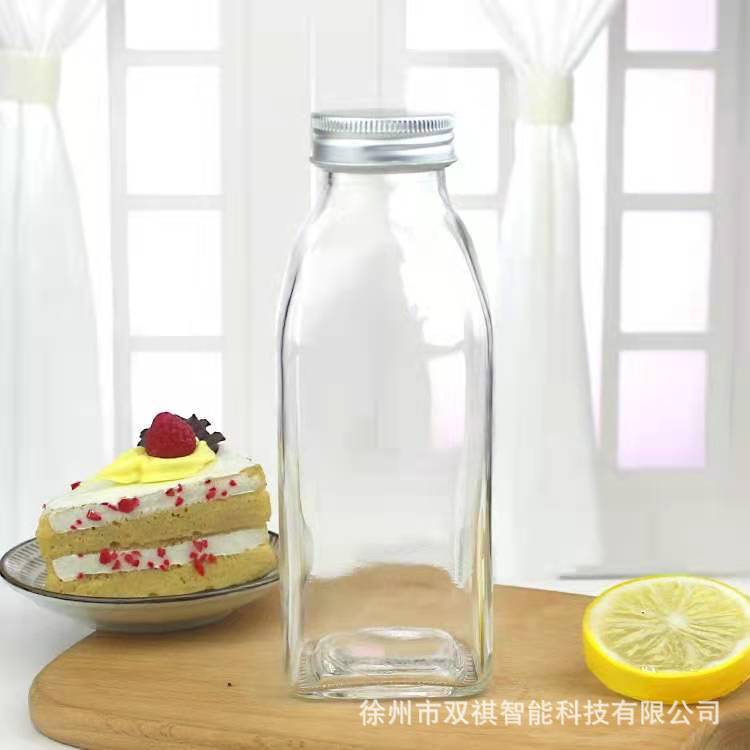 批发玻璃泡茶瓶350ml方形丝口铝盖果汁奶茶饮料瓶玻璃瓶定制logo