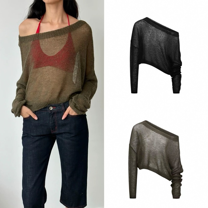 Ready Stock Misty Off-Shoulder Loose Knit Cover-Up Olive Green/Black