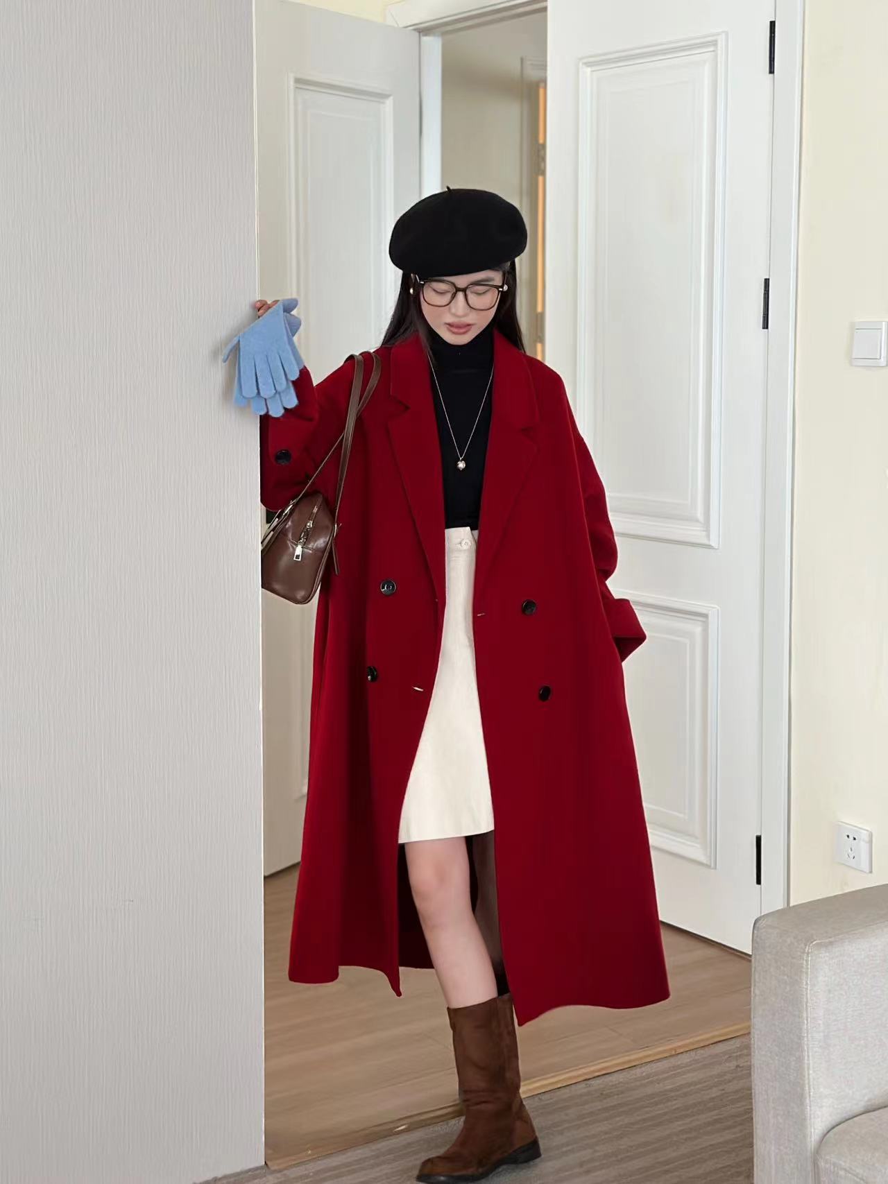 [Battle robe] Golden New Year red coat woolen coat women's winter double-sided wool coat versatile Long
