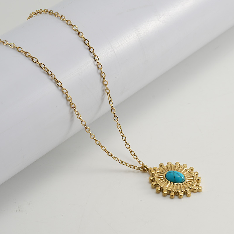 1 Piece Simple Style Oval Stainless Steel Titanium Steel Plating Inlay Turquoise Pendant Necklace_colorza_4