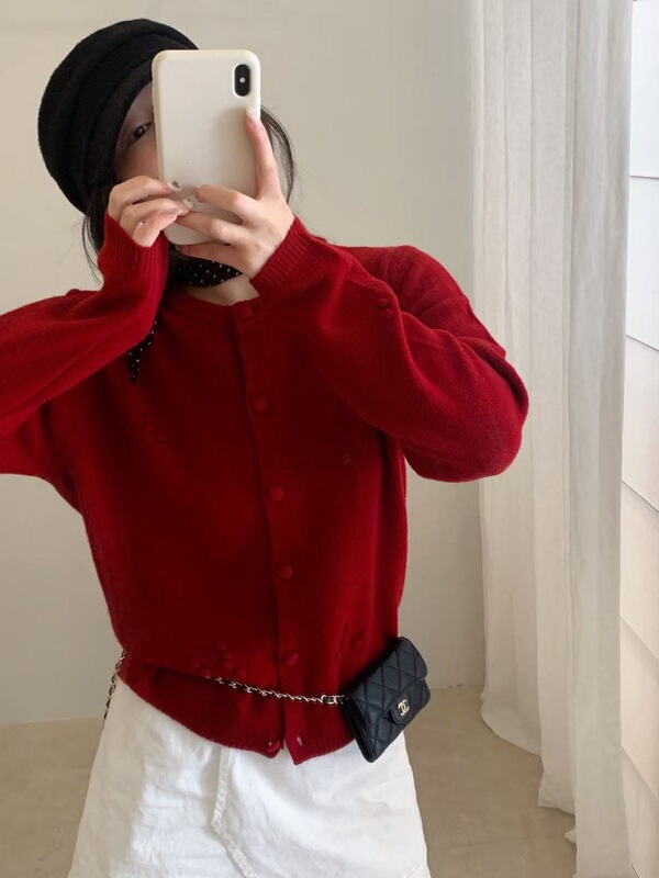 100全羊毛设计感钩花针织开衫女2025秋减龄气质外搭软糯毛衣外套|undefined