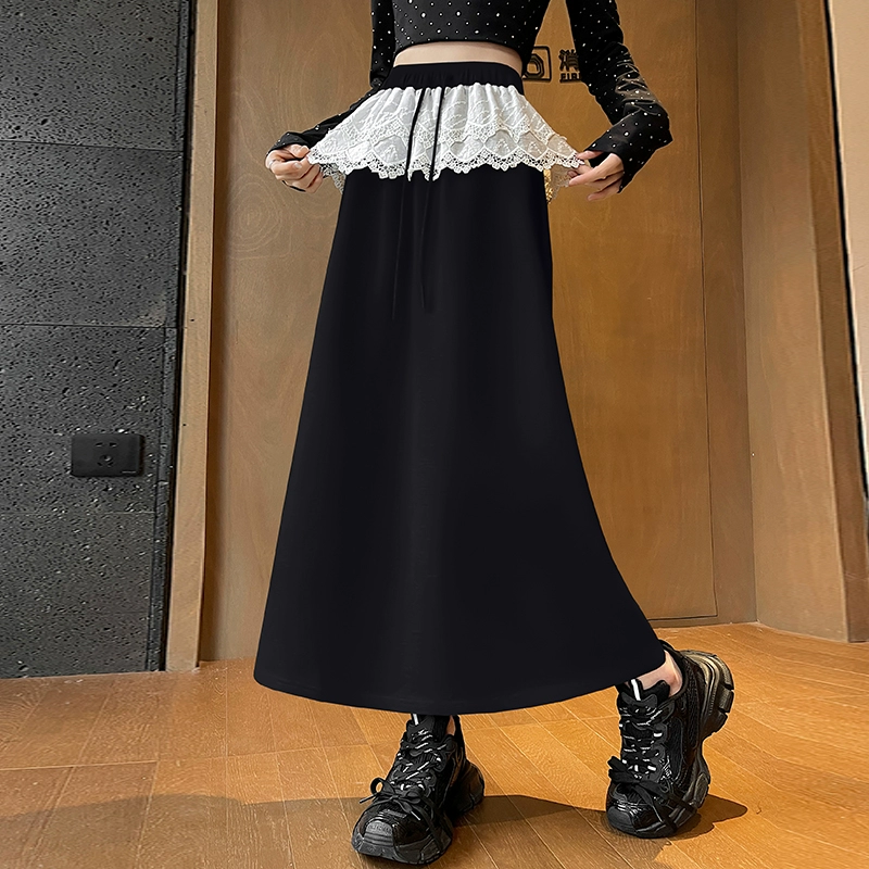 Серая кружевная юбка для женщин, весенне-летняя новая тонкая универсальная драпированная юбка трапециевидной формы средней длины с высокой талией, облегающая бедра
