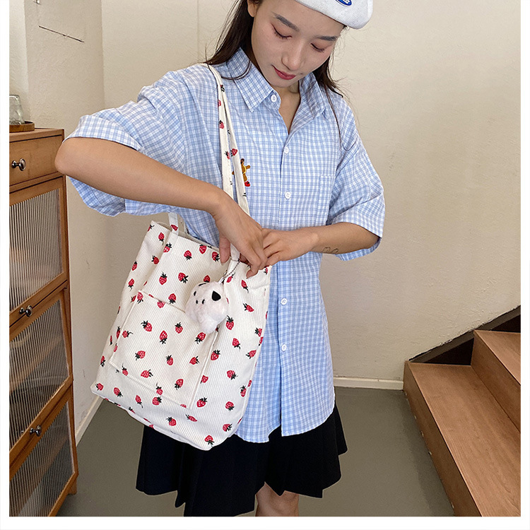 375g Weight Polyester Lining Material Magnetic Buckle Closure Type Double Shoulder Straps Strap Type Bucket Bag Bags Type Holiday, Daily Occasion Corduroy Material Strawberry Pattern Spring&Summer Season Women's Gender Cute Style Square Shape Medium Size Women's Medium Corduroy Strawberry Cute Square Magnetic Buckle Bucket Bag 4
