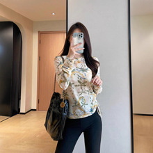 朵妮DN 时髦精复古中式韵味花色修身显瘦侧边抽绳长袖T恤女2025秋