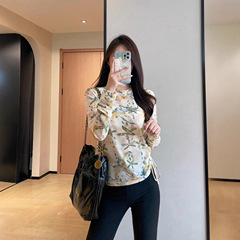 朵妮DN 时髦精复古中式韵味花色修身显瘦侧边抽绳长袖T恤女2025秋