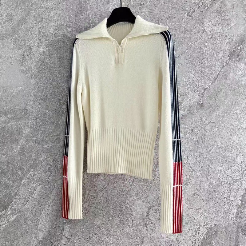 Top Recommendation Cream Zipper Navy Collar Striped Knit Sweater for Women, Thin Sheep Wool Cashmere Sweater for Autumn