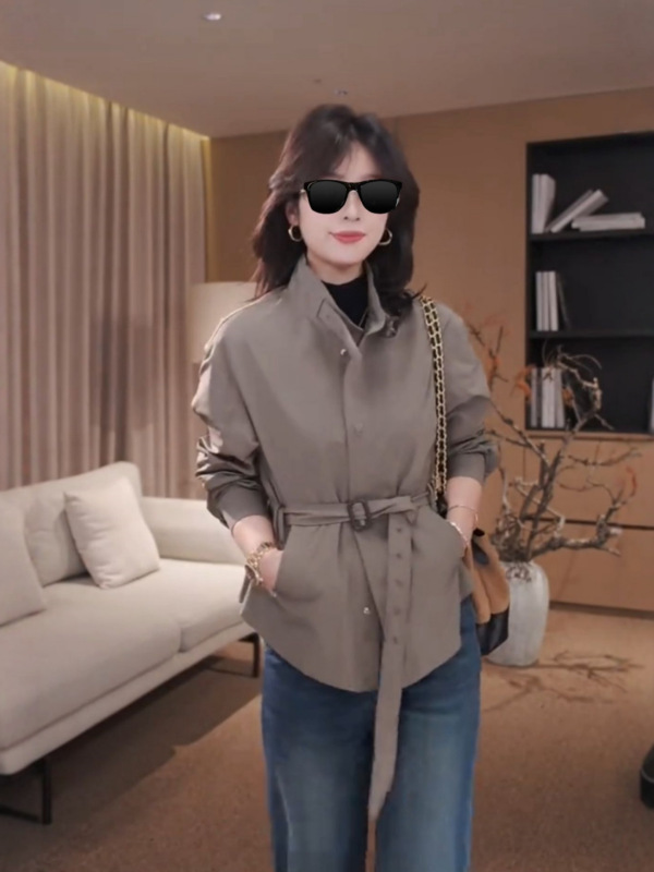 欧货2025秋季新款时尚百搭收腰显瘦翻领纯色休闲夹克风衣外套女潮|undefined