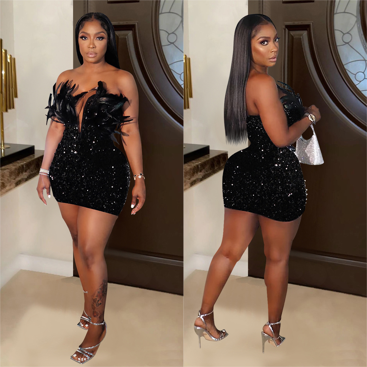 C7050 Aliexpress transfronterizo Amazon estación independiente de moda europea y americana de mujer cuentas plumas vestido sin mangas corto image 3