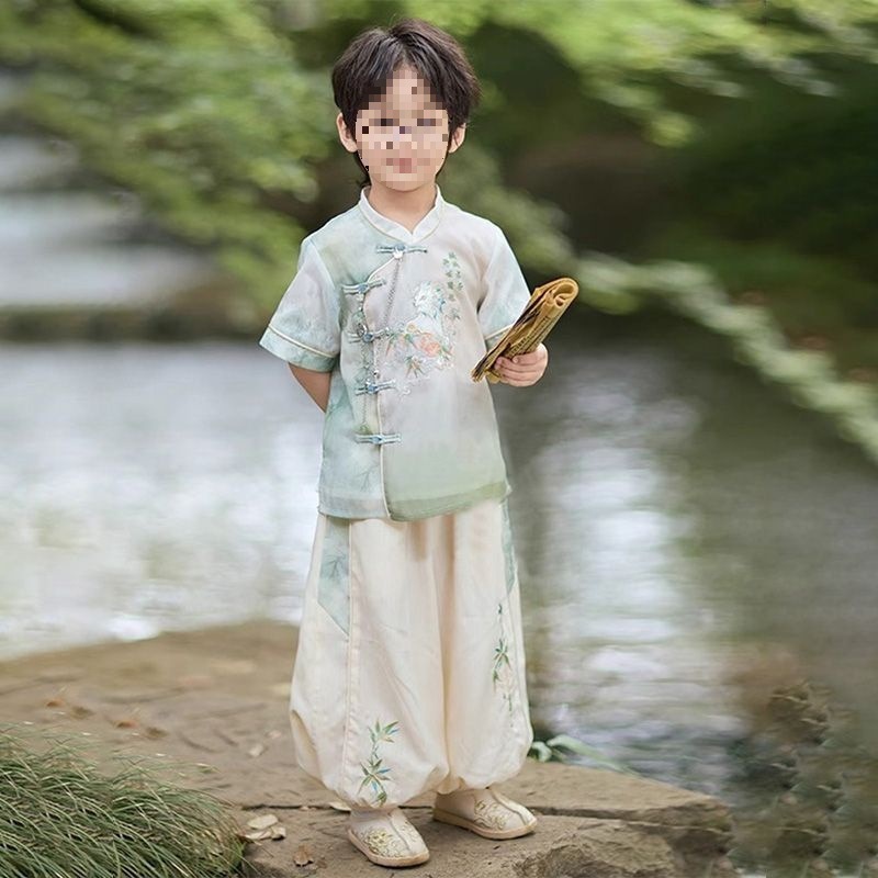 2025新款汉服男童写真旅游夏季儿童国风套装男孩新中式唐装两件套|undefined