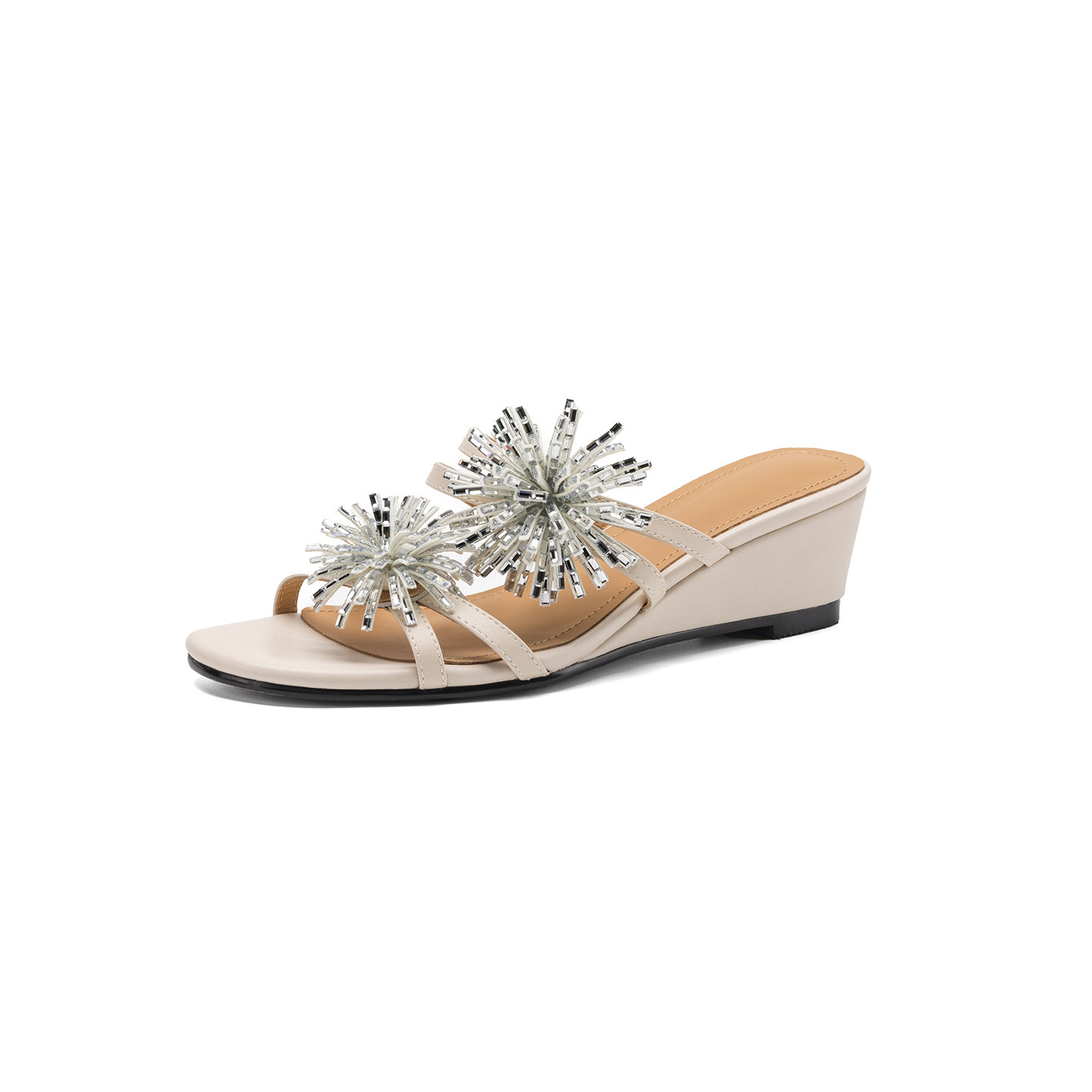 Sandal cao gót nữ hở mũi đế xuồng đính đá pha lê, gót 5 cm, chất da bò mềm — màu trắng ngà chi tiết 25