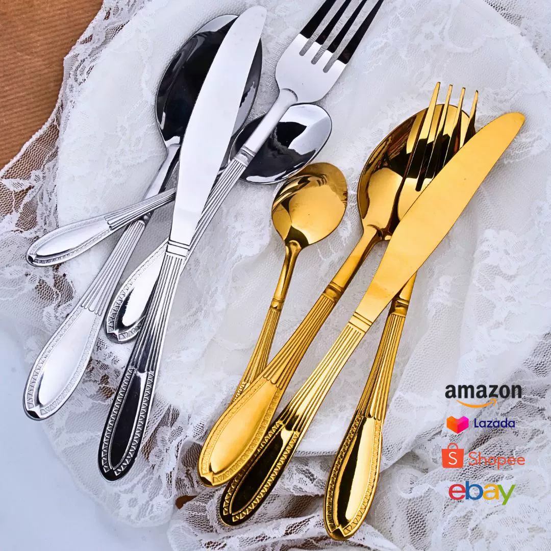 跨境高档花边不锈钢餐具套装加厚牛排刀叉勺酒店餐厅水果叉金色