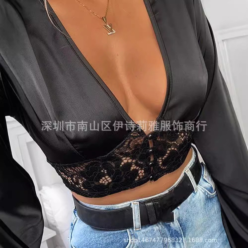 Amazon Foreign Trade Cross-Border Autumn Sexy Long-Sleeved Deep V-Neck Lace Patchwork Top