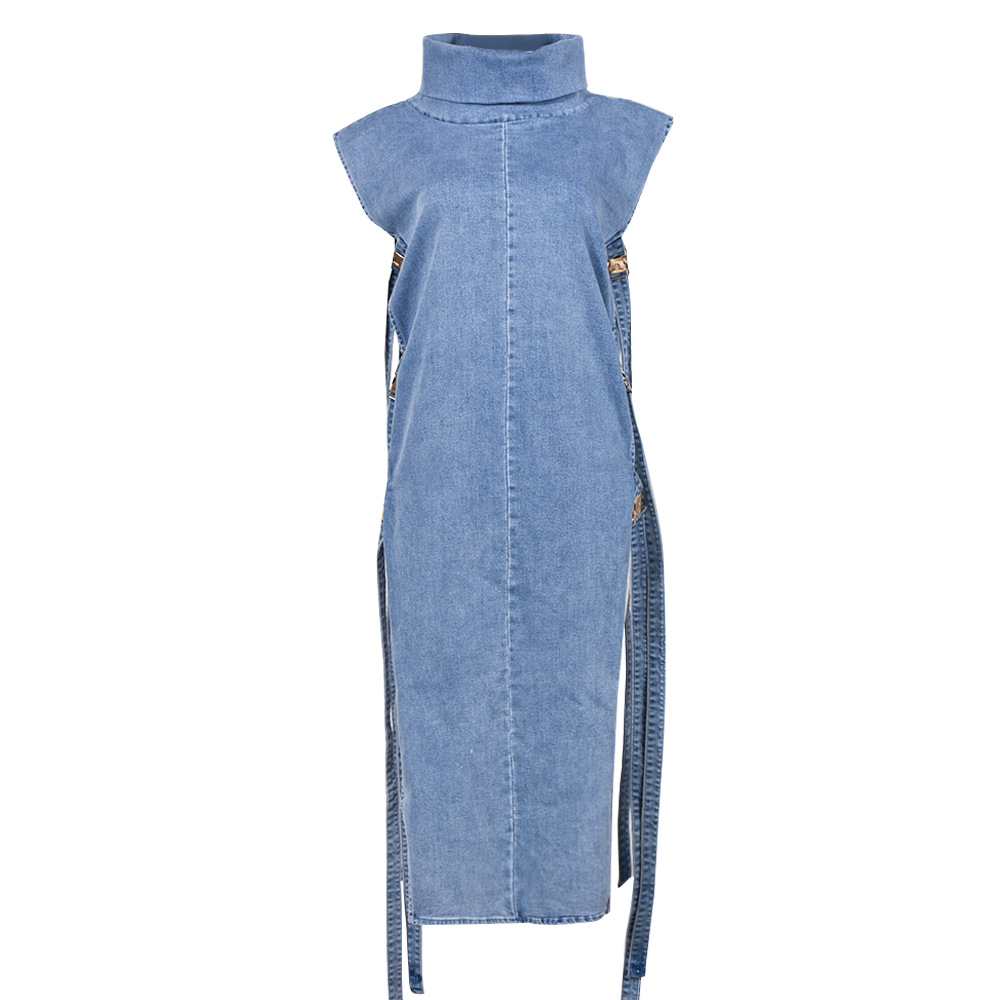 Denim Dress Sexy Cutout Washed Turtleneck Dress Women