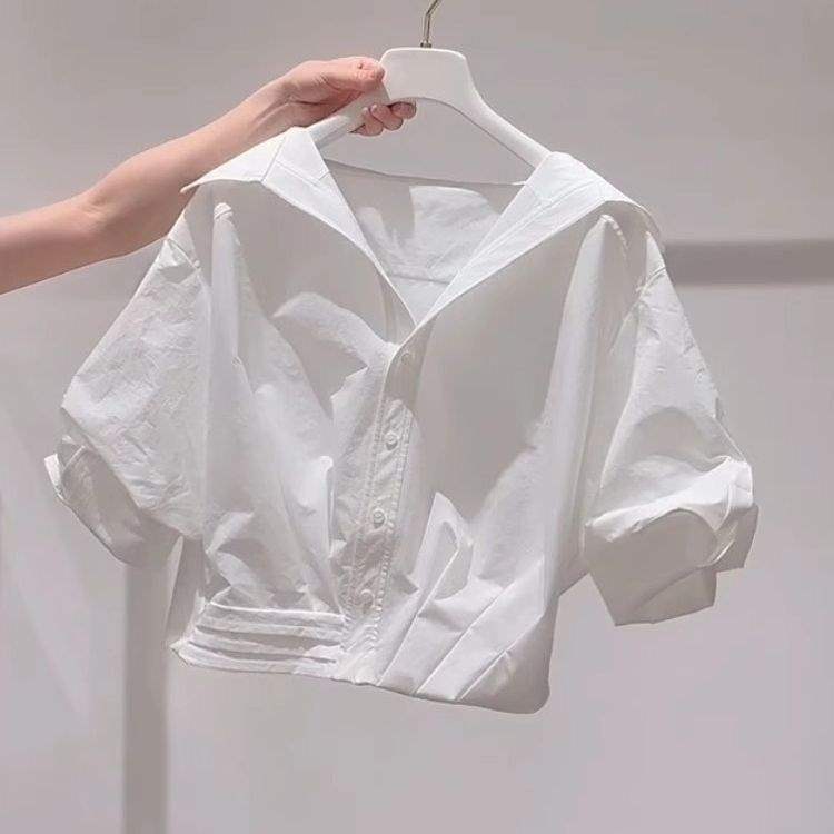 法式白色翻领泡泡袖衬衫女夏季2025新款甜美减龄慵懒风短款上衣潮|undefined