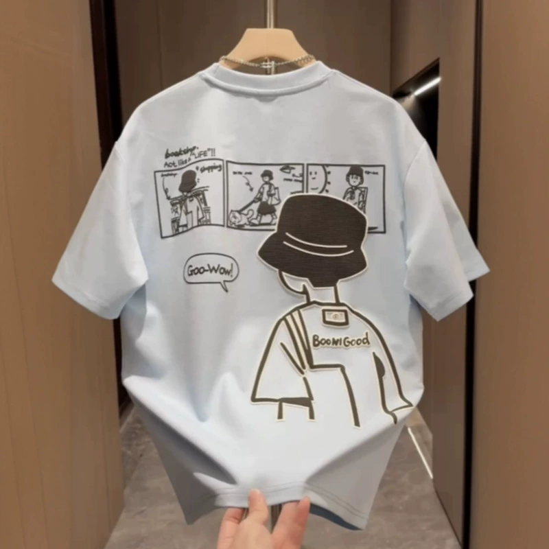 Летний мужской прилив трехмерная пена вышивка с круглым вырезом с короткими рукавами модная дикая свободная дышащая пара та же футболка