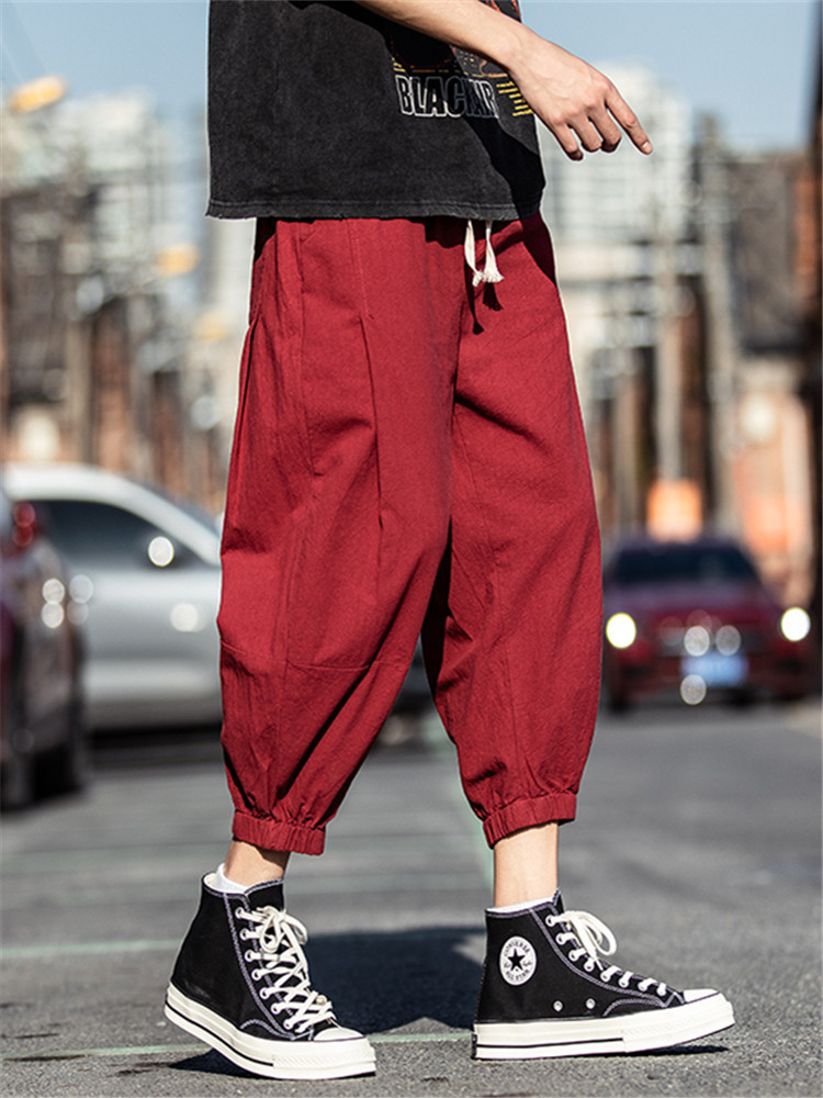 夏季薄款透气七分裤男棉麻复古亚麻裤夏束脚运动裤男士宽松阔腿裤