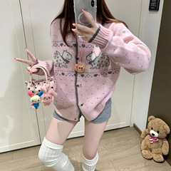 秋冬季新款清新学院风百搭费尔岛针织开衫小狗提花翻领毛衣女外套