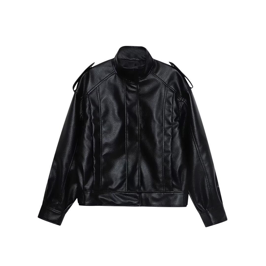 Off-Shoulder Textured Black Short Leather Jacket for Women, High-End Retro Stand-Up Collar Motorcycle Jacket