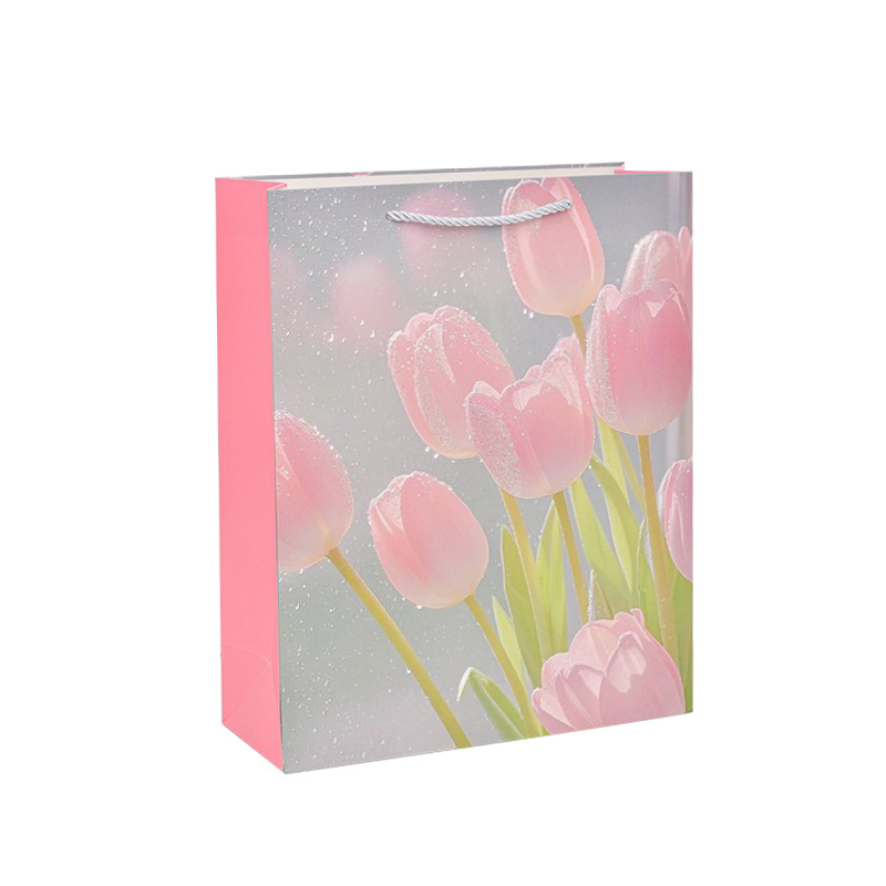 Bolsa de regalo de tulipán rosa, embalaje de regalo de mano de tulipán fresco de color, hermosa bolsa de regalo de cumpleaños en polvo