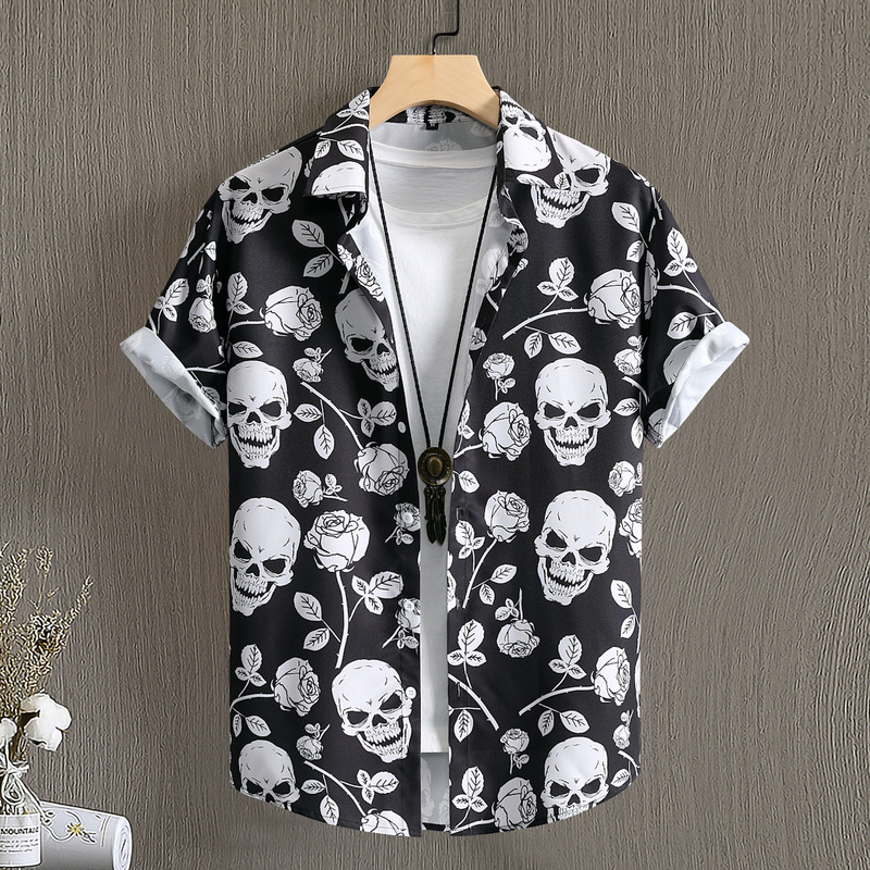 2023 Summer New Men's Shirt Retro Style Men's Black Rose Skull Digital Print Short Sleeve Shirt