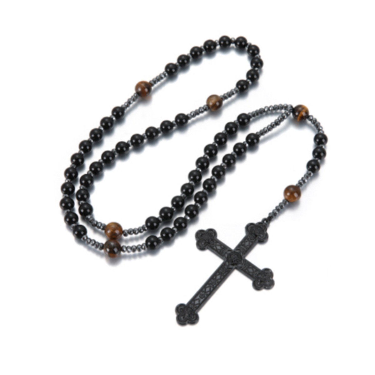 2022 verano nuevo transfronterizo negro natural cuentas redondas cadena larga negro Ball piedra Cruz Rosario collar de los hombres al por mayor