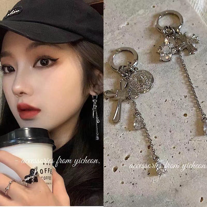 Cross Pendant Earrings for Women, Asymmetrical Design, Zircon Tassel, Metal Silver Needle Ring Earrings, Personalized Earrings