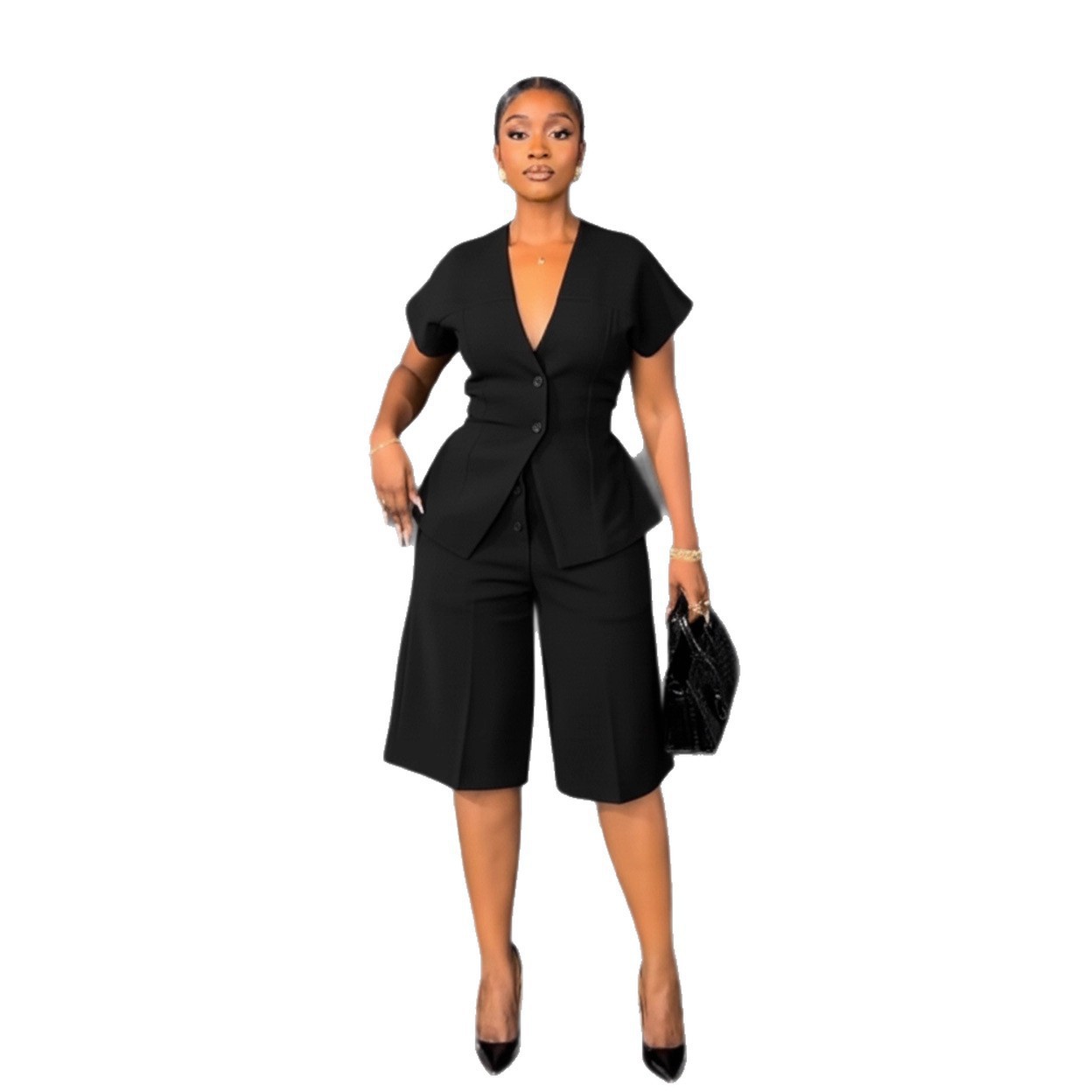 Elegant Office Two-Piece Set – Sleeveless Top & Tied Waist Shorts (Black/White/Green, S-2XL)​_ecoleips.com