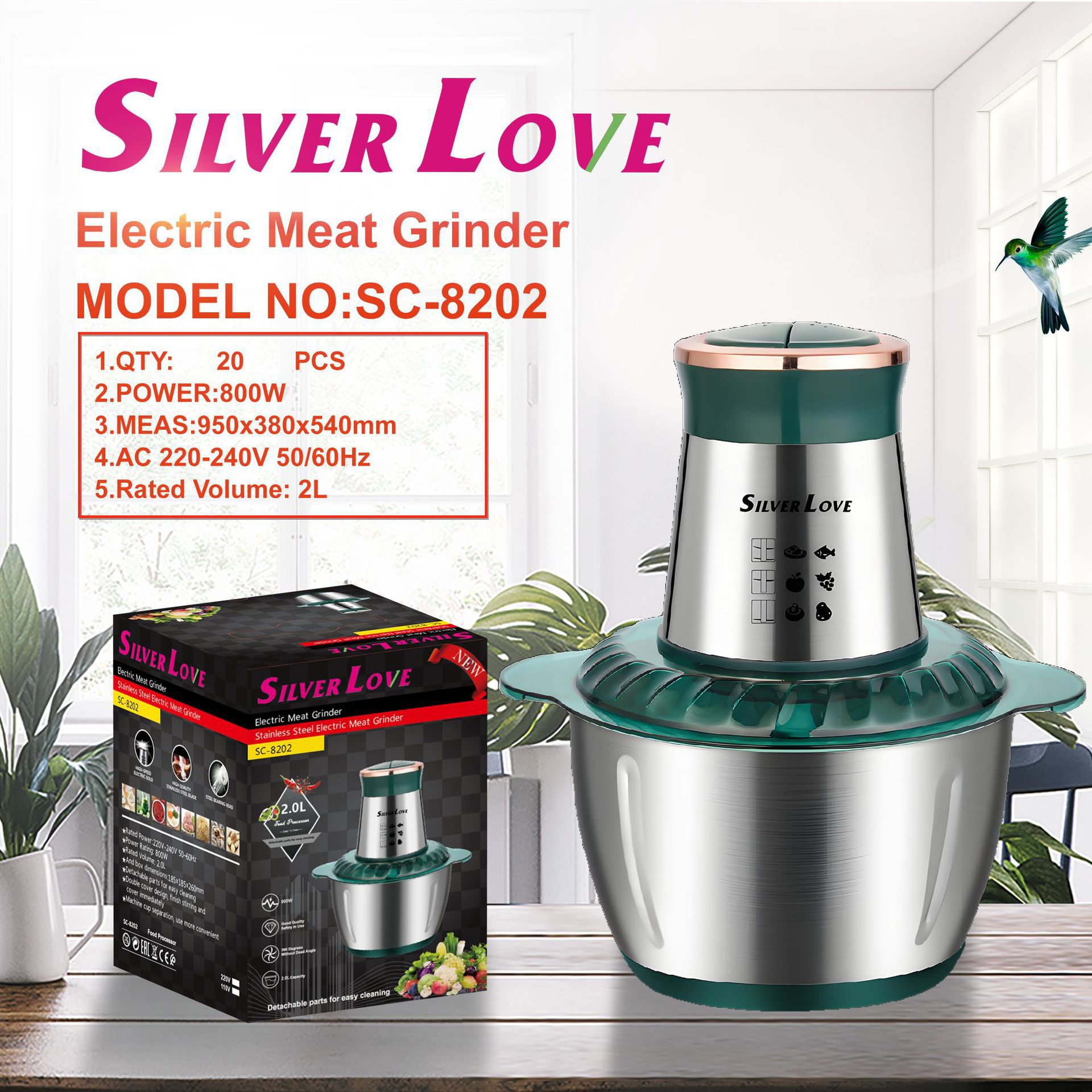 Exportación de comercio exterior Europa molinillo de carne doméstico de acero inoxidable eléctrico cocina multifuncional molinillo de carne 2L