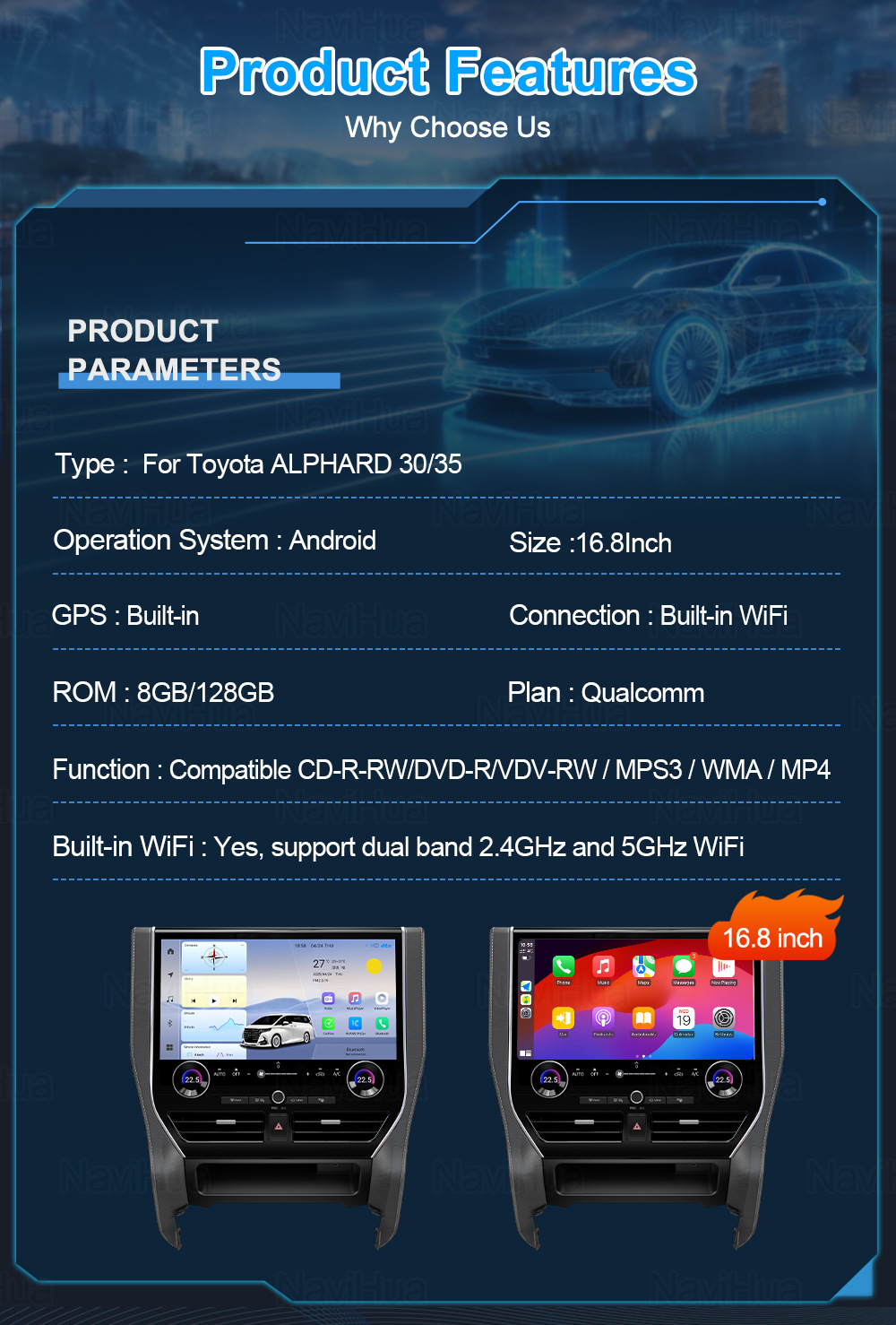 Suitable for Toyota Alphard 30/35 to 40 Series Large Screen Central Control Screen Car Machine 16.8inch Large Screen Car Navigation System