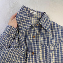 蓝色格子衬衫小外套早秋休闲长袖格纹防晒衬衣复古法式上衣女夏季