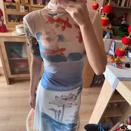 新品 新品 新品 新品 遮肉新中式谭玉燕风蓝色系锦鲤戏莲间印花短