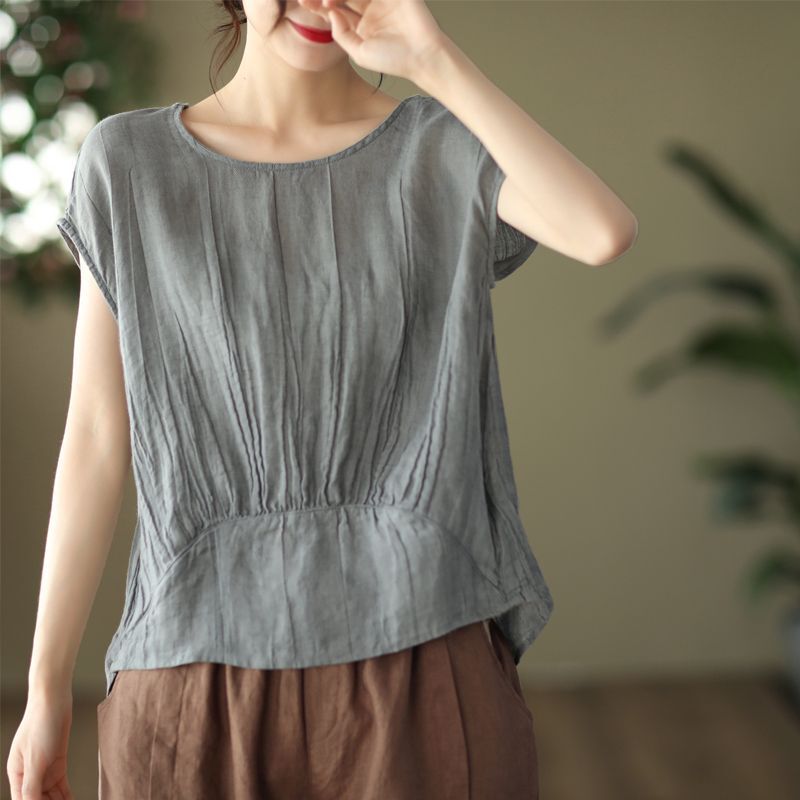 Brand discount store withdraws women's foreign trade cut label Solid color T-shirt thin design pleated short sleeve top
