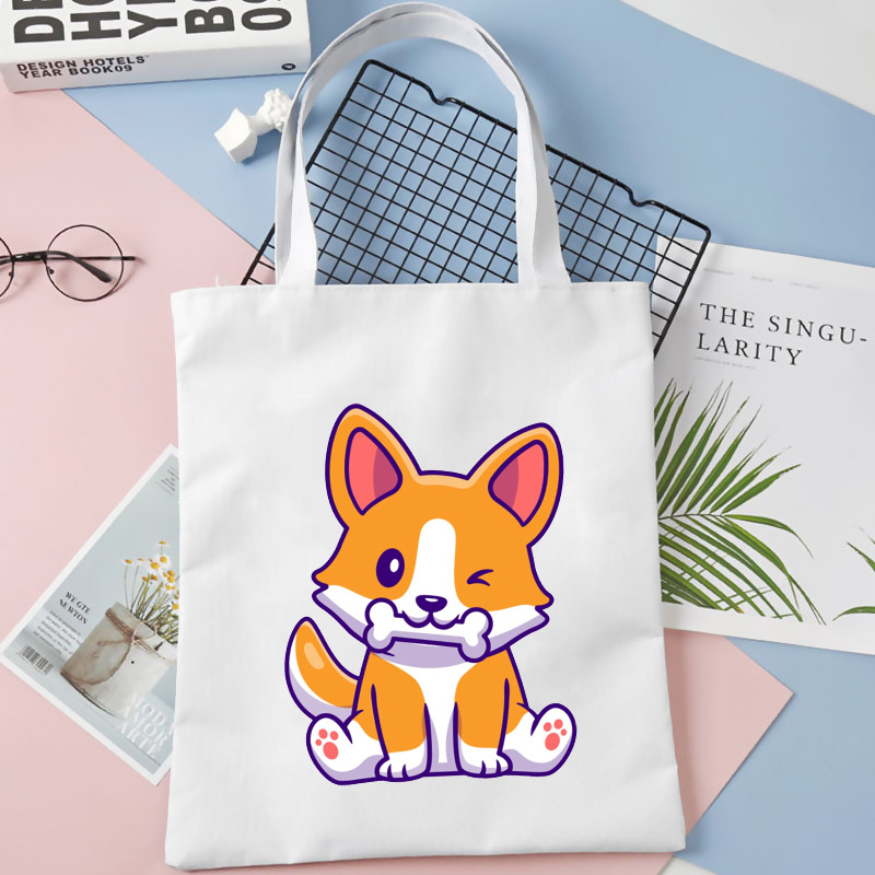柯基犬corgi 卡通印花帆布袋单肩背包学生休闲全球外贸手提购物袋