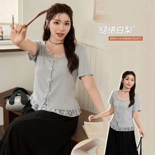 Korean Pure Lust Sexy Fake Two-Piece Lace Splicing Bow Top Fat mm Large Size Slimming Look T-Shirt 65393